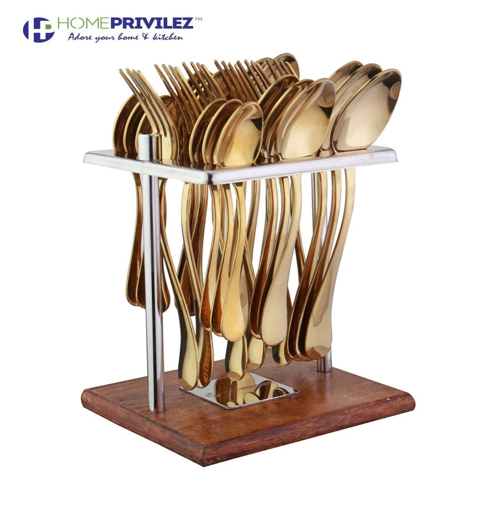 Aster Stainless Steel PVD gold cutlery set of 24 pcs in Stainless Steel stand with wooden base view 2