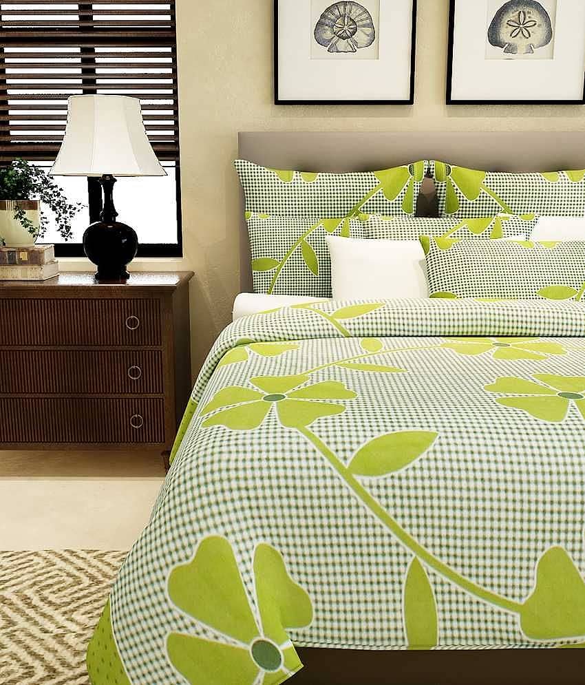 Home Candy 100% Cotton Green Flowers and Checks Double Bed Sheet with 2 Pillow Covers TC 120 (225 x 225 cm) view 2