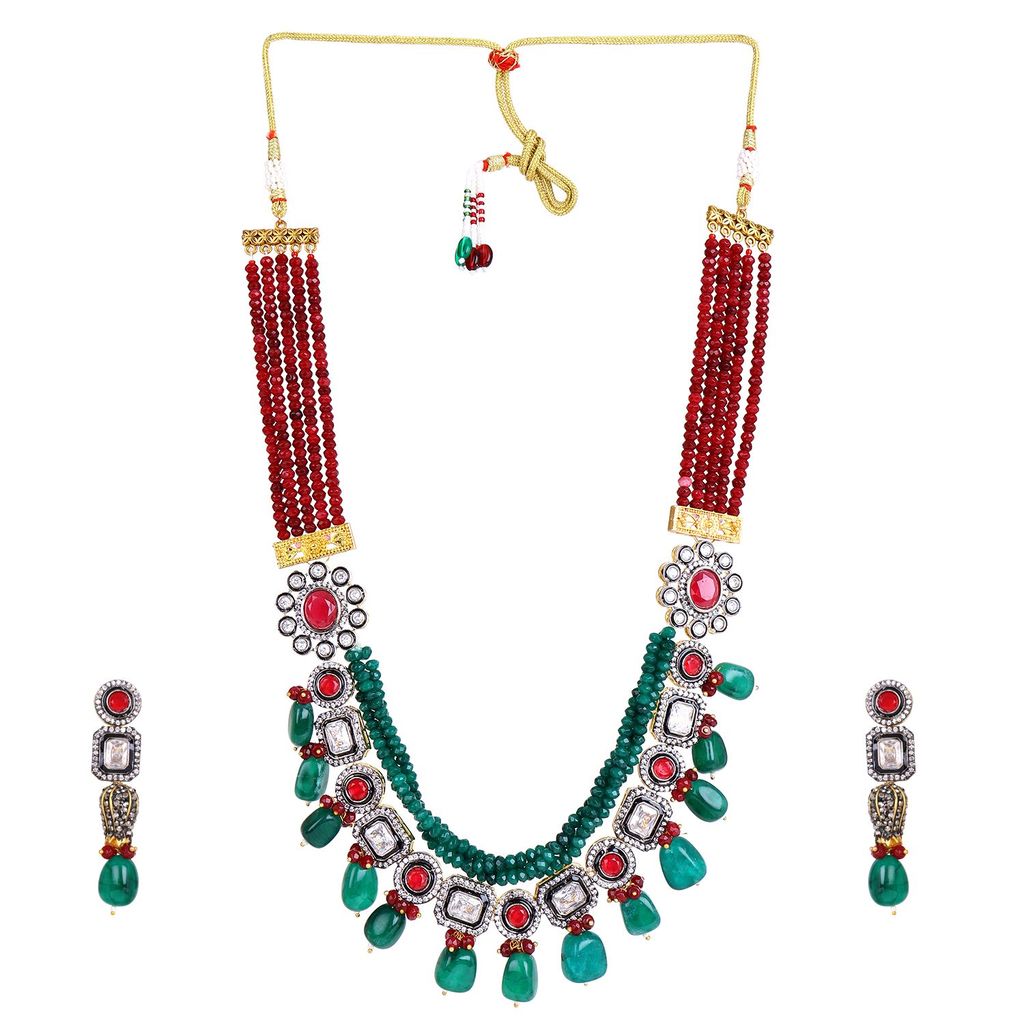 Cardinal Kundan Maroon & Green Color Multistring Long Necklace Set view 2