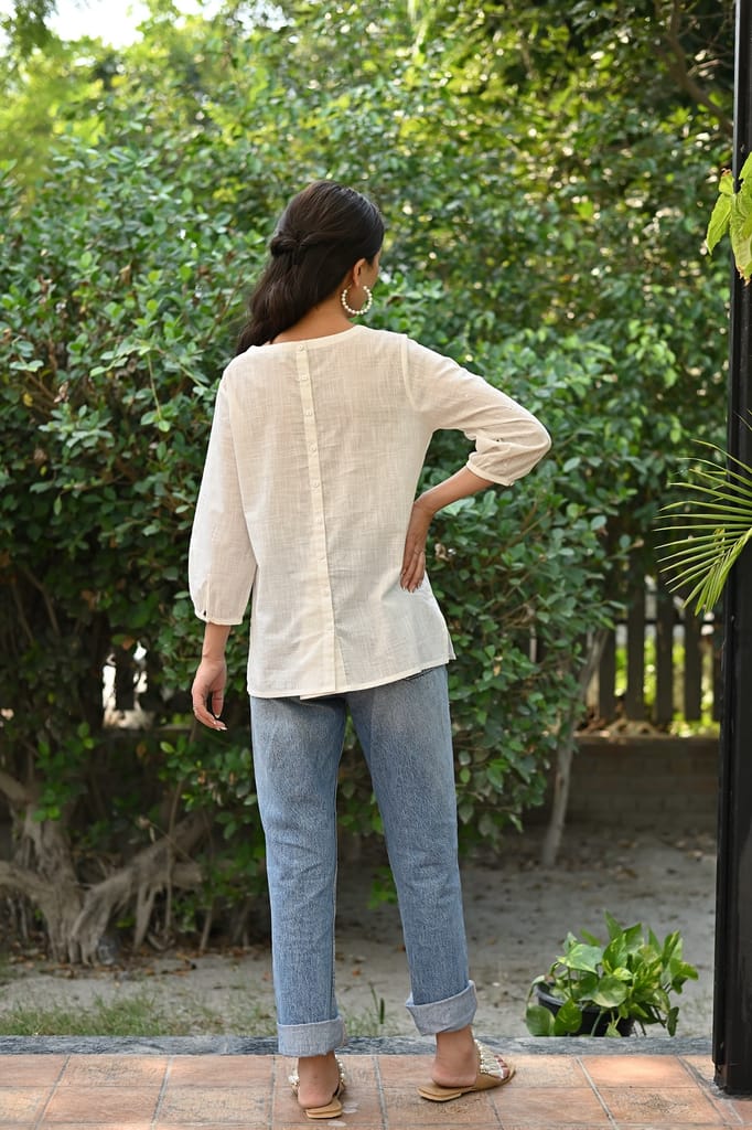 Jasmine Sindhi Hand Embroidered Round Neck Cotton Top view 2