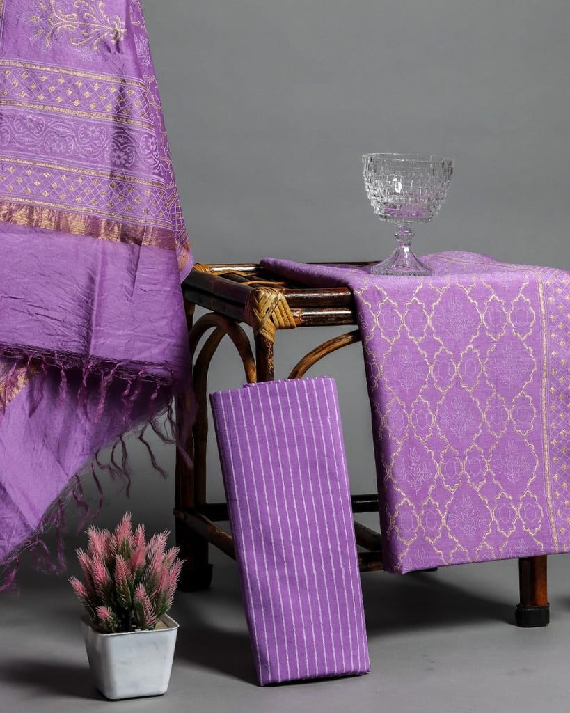 Designer Hand Block Print Chanderi Silk Suit Set (CHA484) view 2
