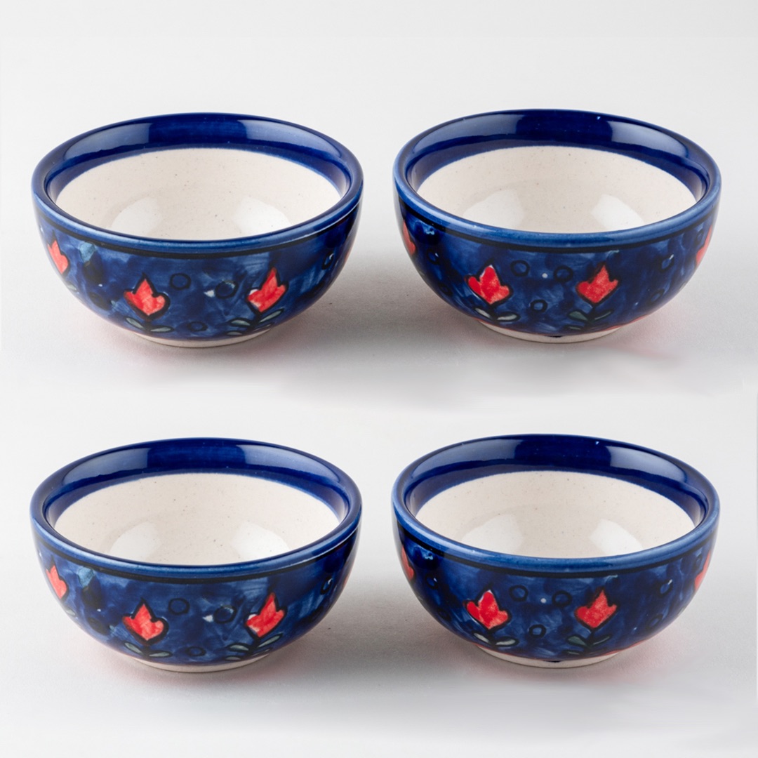 Blooming Plants Red & Blue Ceramic Katori Bowl / Portion Bowl Set of 4 (220 ML)