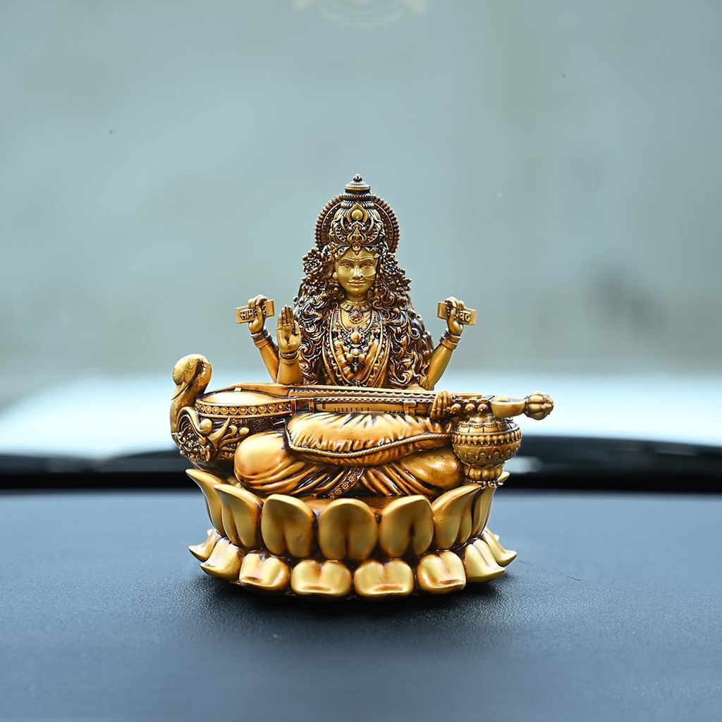 Artarium Auspicious Saraswati Maa Murti Goddess Siddhi Mata Idol Murti Shree Saraswati Resin Mata Statue Decorative Showpiece For Car Dashboard Home Decor Temple Study Room (Lotus Saraswati Ji 4 Inch) view 2