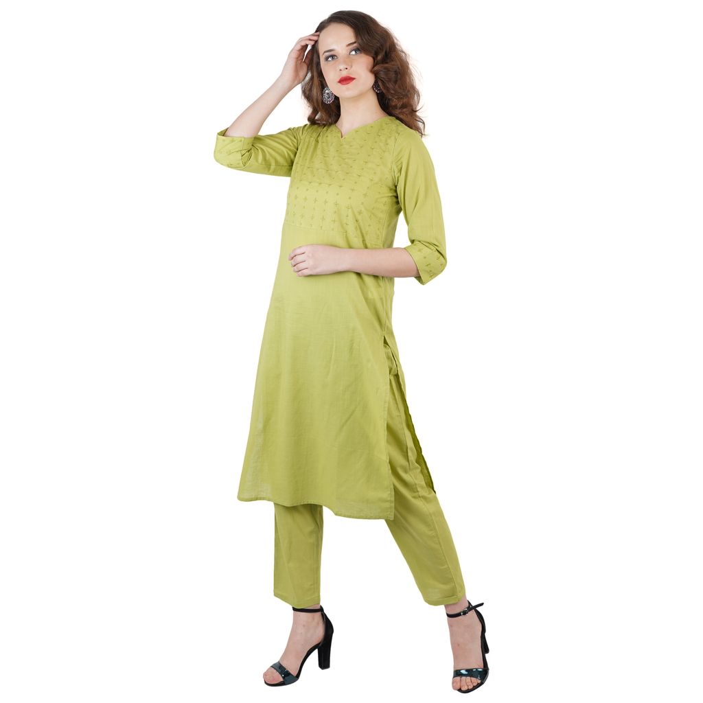 Green Hand Embroidered Cotton Kurti Pant Set view 2