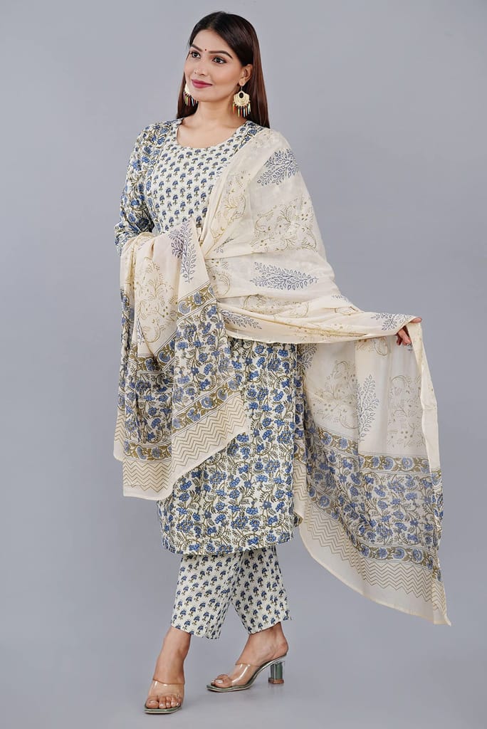 MANMAYEE Women's Badala Work On Yoke Cotton Nyra Cut Kurti with Pant & Dupatta | Nyra Cut Kurti view 2