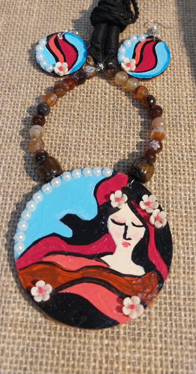 Handmade Handpainted Necklace with Glass Beads Mala, On Wooden Base Including Hanging Earrings view 2