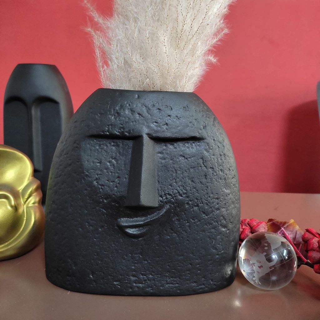 DZIGN Vase, Flower Vase for Home Decor, Smiling Face Vase 8 Inches, Vase for Living Room & Home D�cor, Textured Finish Vase, Matt Black Vase view 2