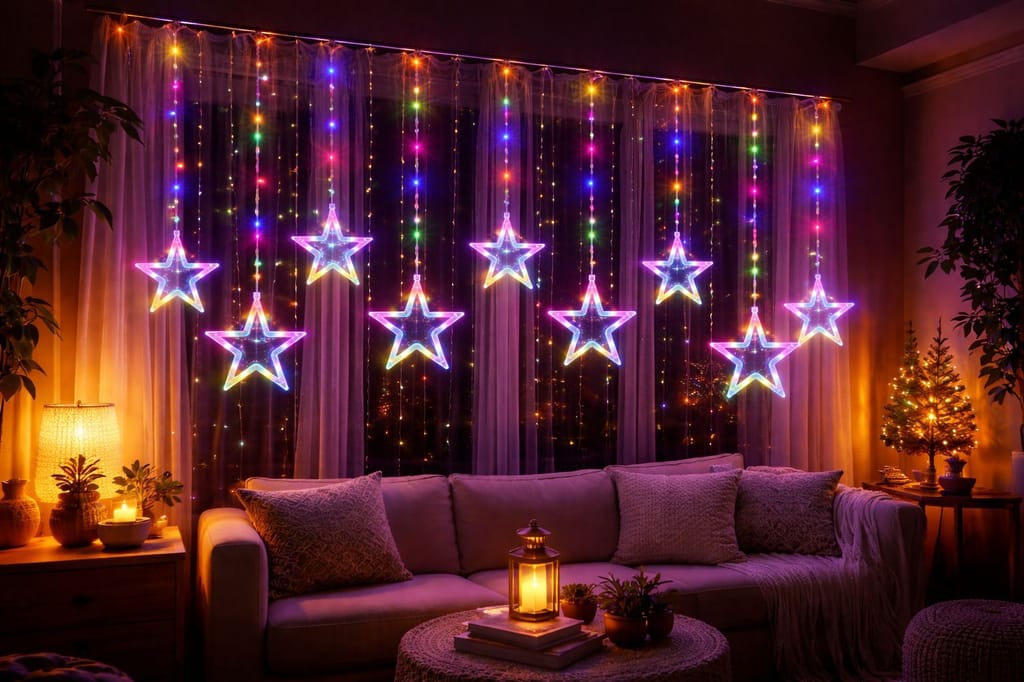 SPARKWORLD Multicolor LED Star Hanging Light | Decorative Curtain Fairy Light for Diwali, Christmas, Balcony & Festivals | Size: 3 m view 2