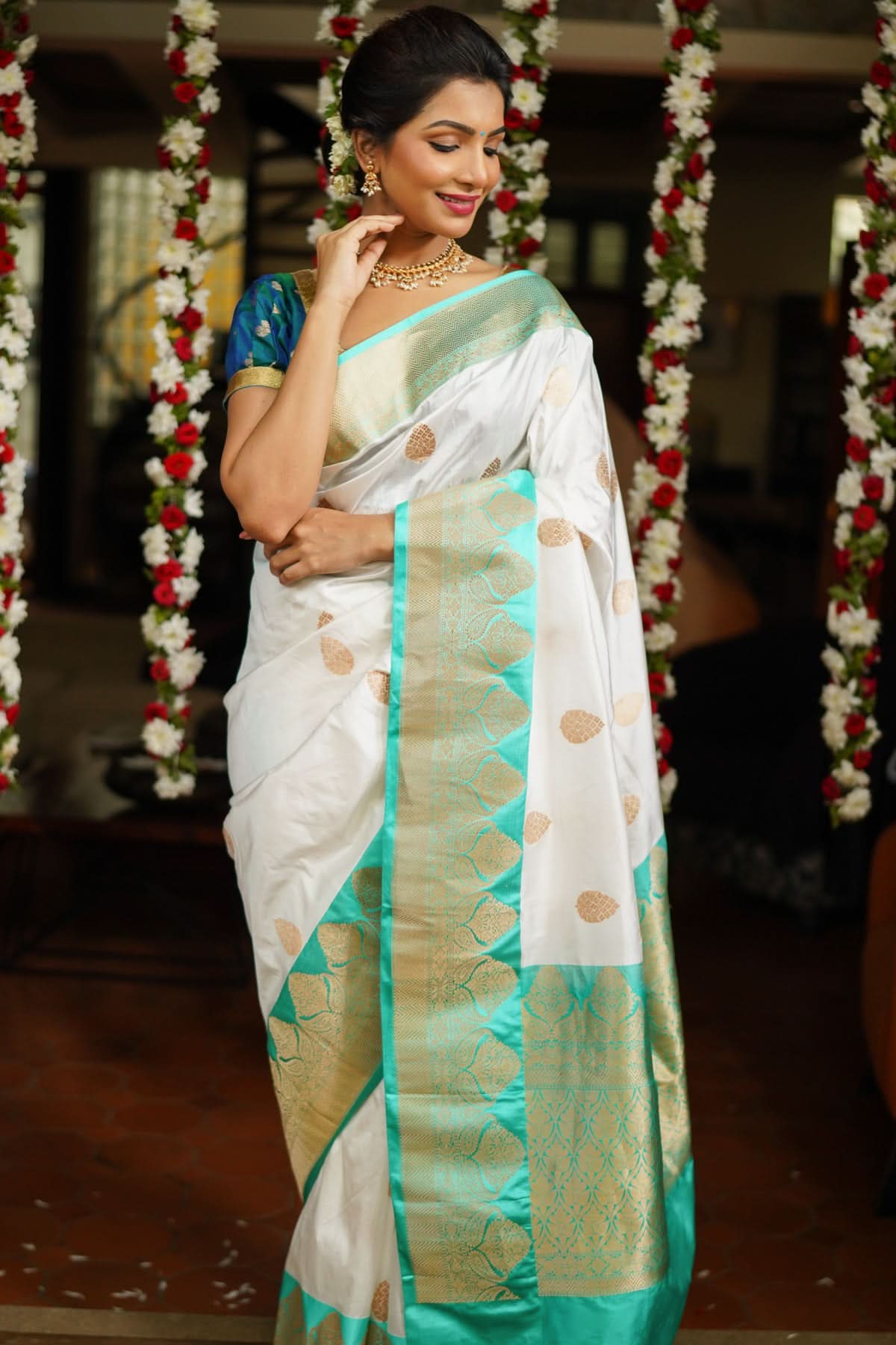 White Banarasi Katan Silk Saree with Teal Contrast and Zari Motifs | SILK MARK CERTIFIED view 2