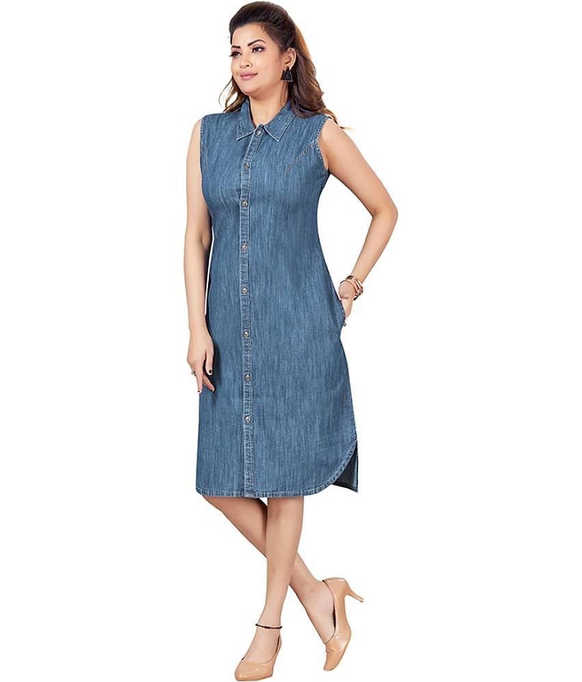 TAT2 FASHIONS Women Denim Solid Shift Dress ( Blue ) view 2