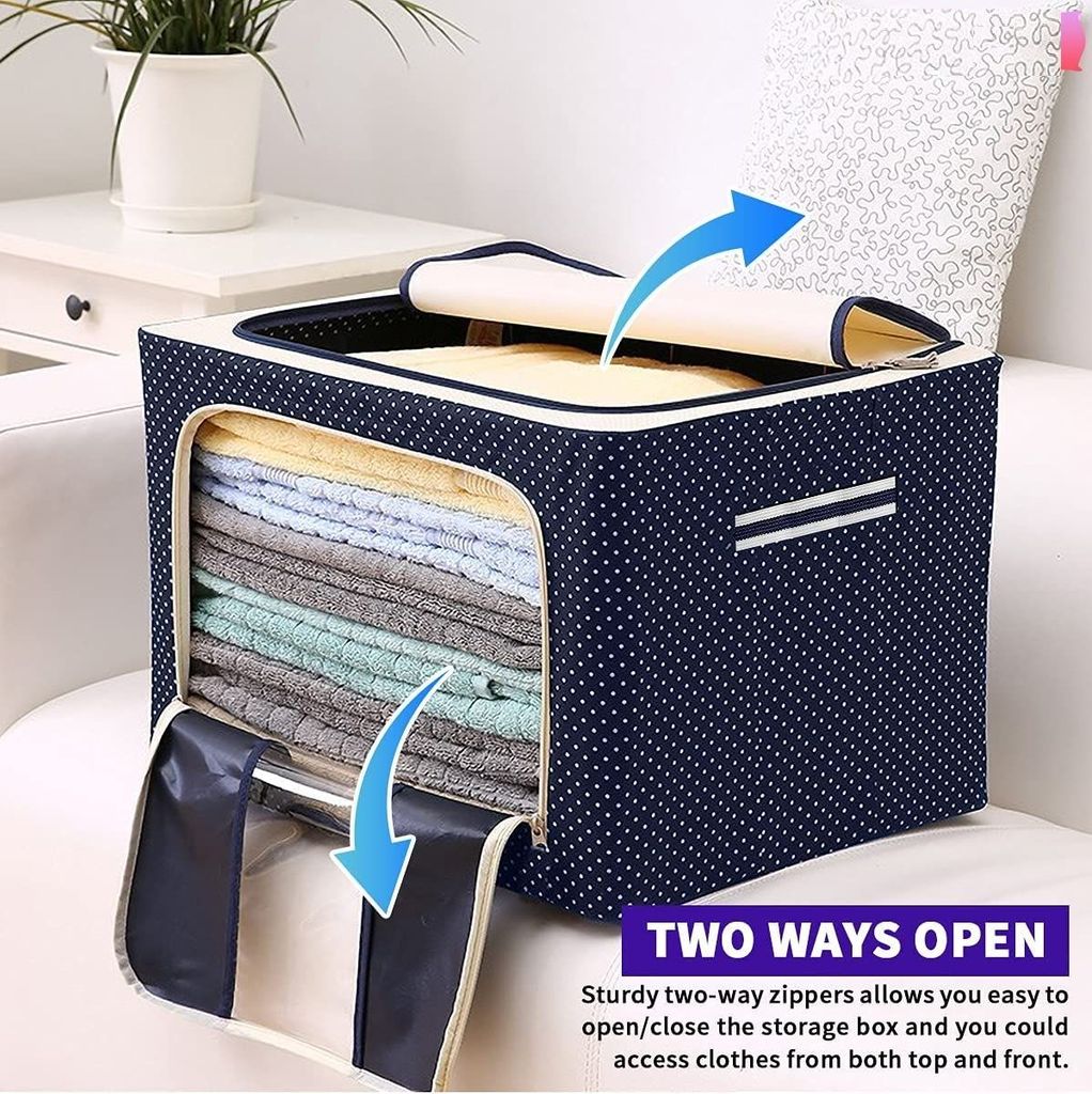 Mehtab Storage Box Frame Clothes | Foldable with Steel Frame | Polka Dots Design | Cover Saree Shirts Blankets Clothes Organiser with Transparent Window Pack Of 1 view 2