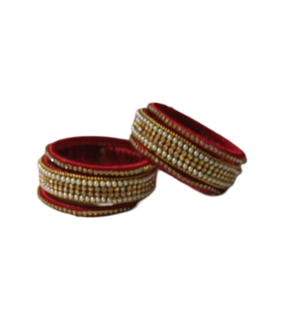Red and White Silk Thread Bangles with Pearl and Stone Detailing view 2