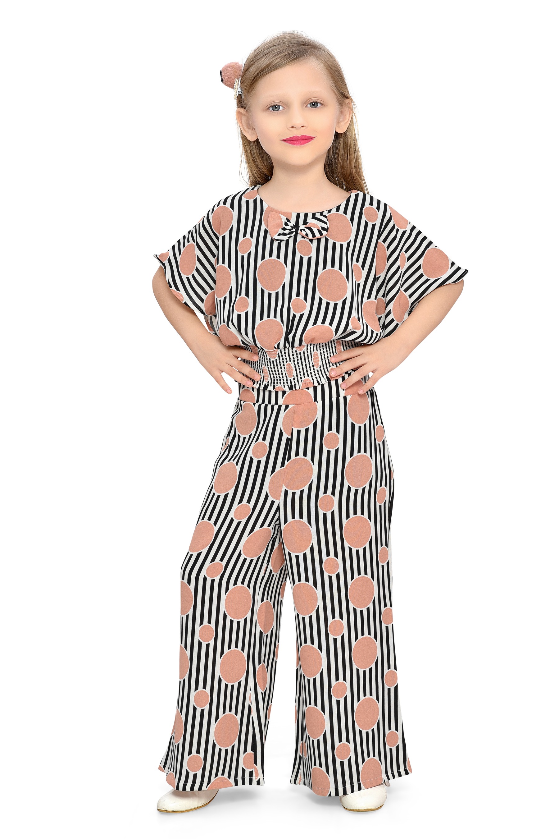 Be:Kids Black and White Striped Top with Orange Polka Dots and Matching Palazzo Pants Set view 2