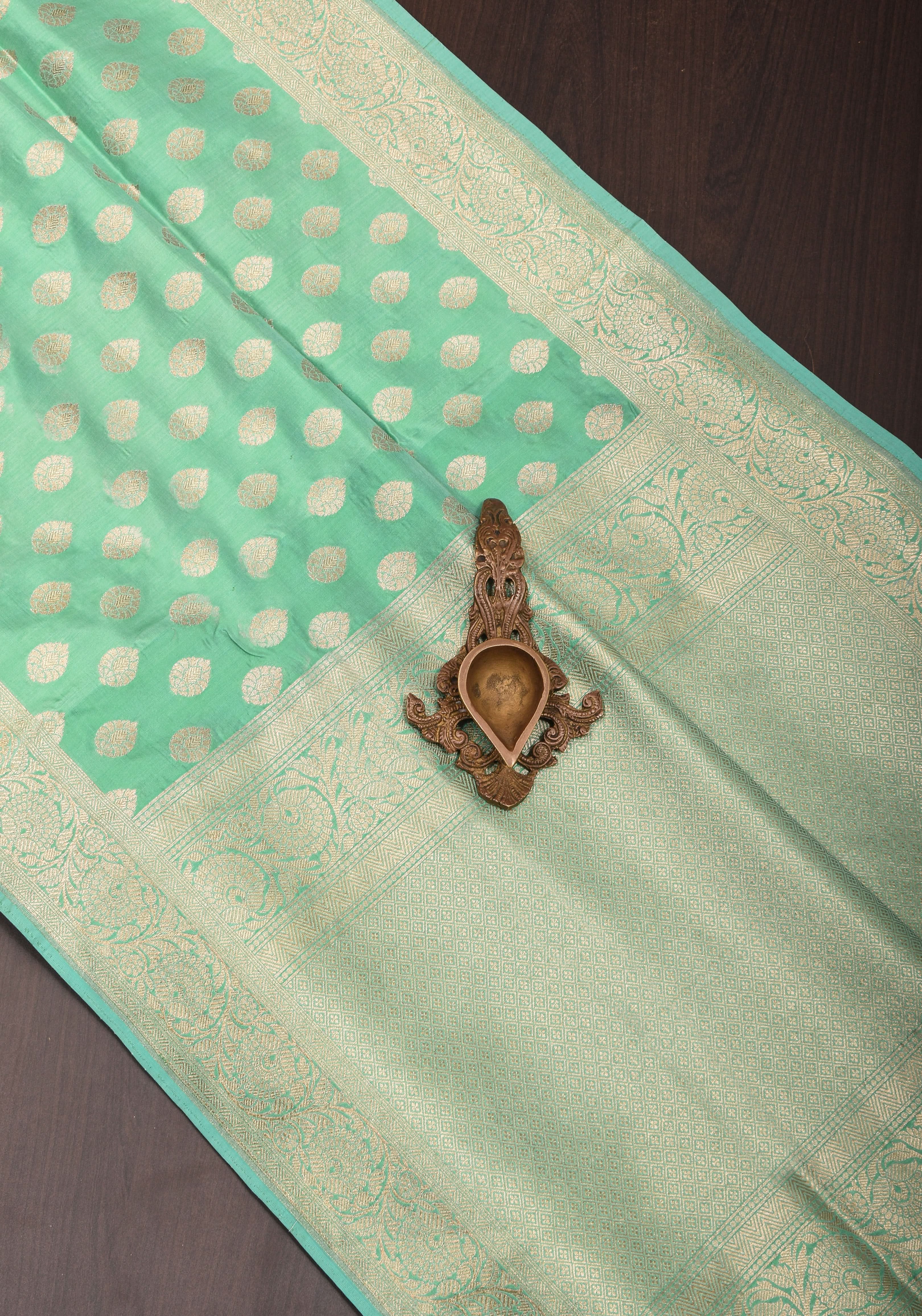 Banarasi Katan Silk Saree in Mint Green and Gold with Zari Motifs | SILK MARK CERTIFIED view 2