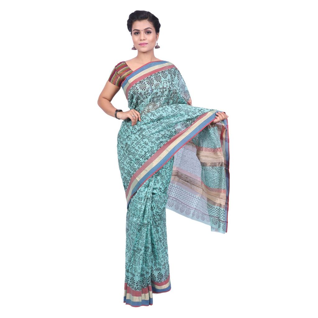 HANDLOOM CHANDERI PRINTED SAREE WITH BLOUSE (SKU - 1SCZ01260221 SAREE- 4) view 2