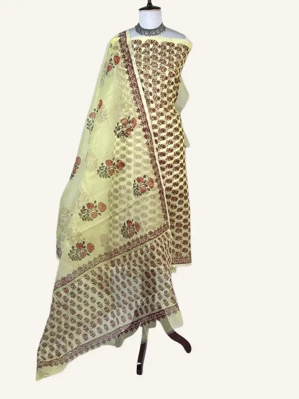 Kota Doria Dress Material Beige Rose Floral Buti