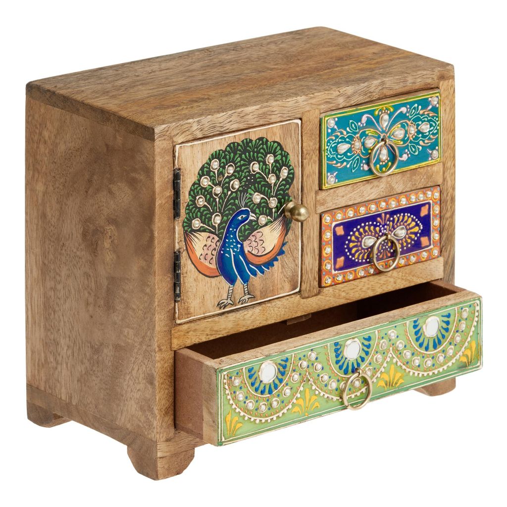 Creative Handicrafts 4 Drawer Hand Painted Rajasthani Style Embossed Wooden Box/Almirah view 2