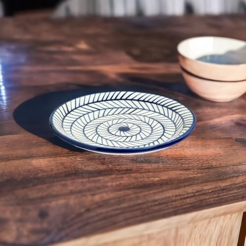 STOREPEDIA Handmade Indigo Chevron Ceramic Quarter Plate Set of 2 Side Plate for Snacks Breakfast Salad Serving Purpose Microwave Dishwasher Safe Light Weight Blue Stripes Daily Use 21 cm view 2