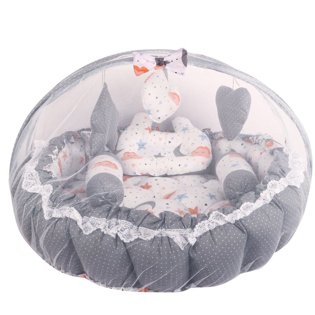 LOREM Multicolor 3 Pillow with Mosquito Protection Net & Round Shape Cotton Baby Bed for 0-1 Year BB19-21 view 2