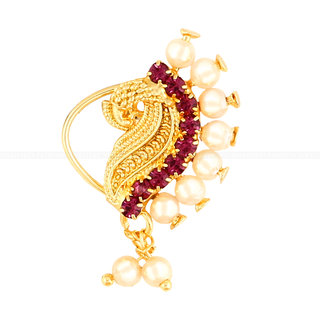 Vighnaharta Gold Plated Mayur design with Peals Alloy Maharashtrian Nath Nathiya./ Nose Pin for women VFJ1007NTH-Press view 2