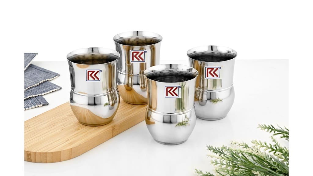 RK Flowerpot 7 DLX Stainless Steel Glass Set of 4-300Ml Each | Mirror Polish, Food Grade | Scratch Resistant, Serving Glass | for Water Juice (Silver) view 2