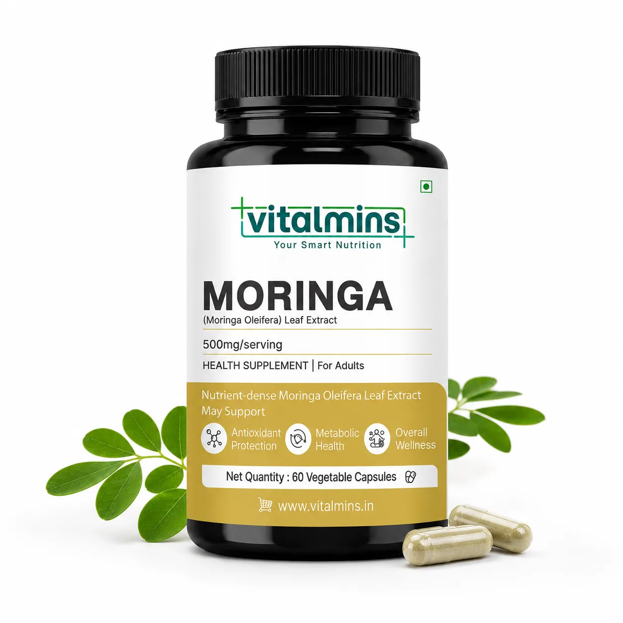 Vitalmins | Your Smart Nutrition | Moringa | Oleifera Leaf Extract | Antioxidant Protection | Metabolic Health | Overall Wellness | Health Supplement for Adults | 60 Veg Capsules