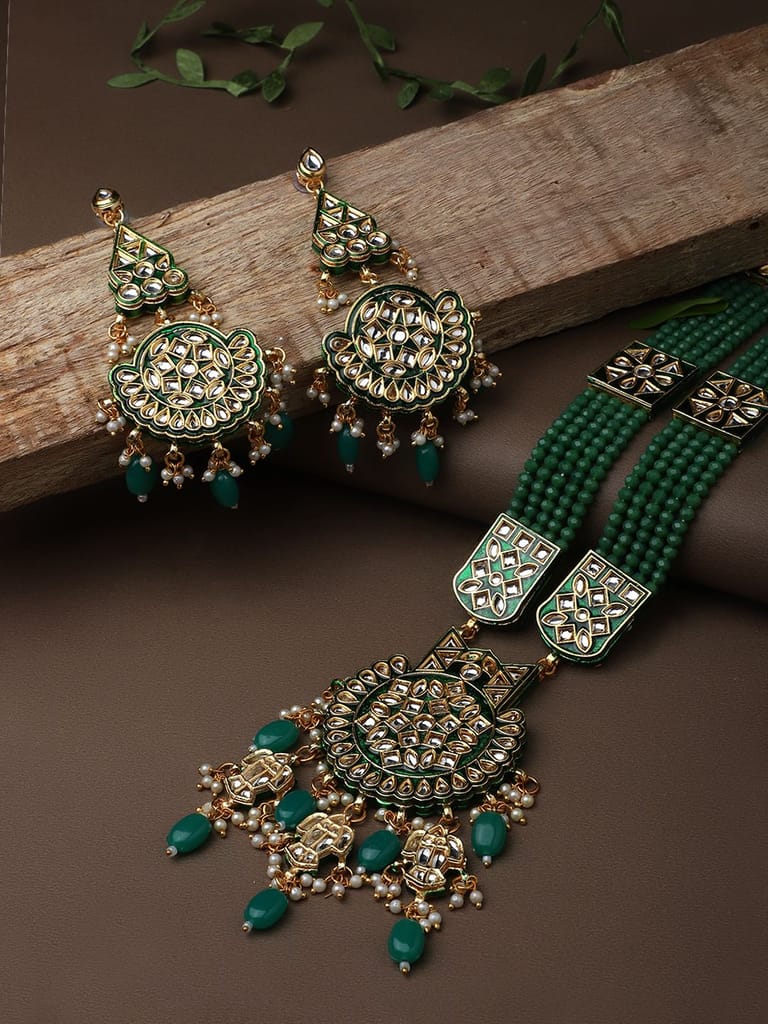Cardinal Gold Plated Brass Kundan Green Color Multistring Minakari Long Ranihaar Bridal Necklace Set view 2