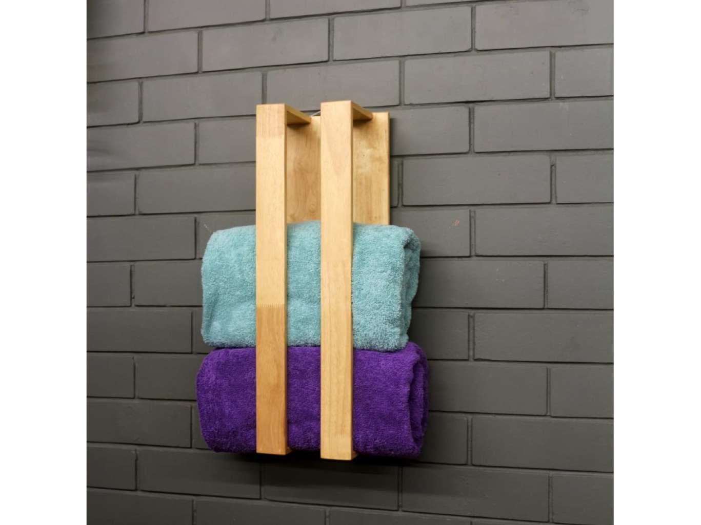 BARISH-Towel Holder | Wall Mount Towel Holder Organiser | Handcrafted with Rubberwood | Superior Finish & Unique Contemporary Design | 13 x 20 x 53CM - Sandy Brown view 2