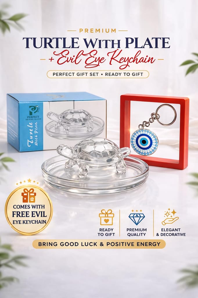 Perfect Crystal Glass Turtle with Plate, Clear, Vastu Feng Shui Decor, 10 cm Diameter, with Evil Eye Keychain view 2