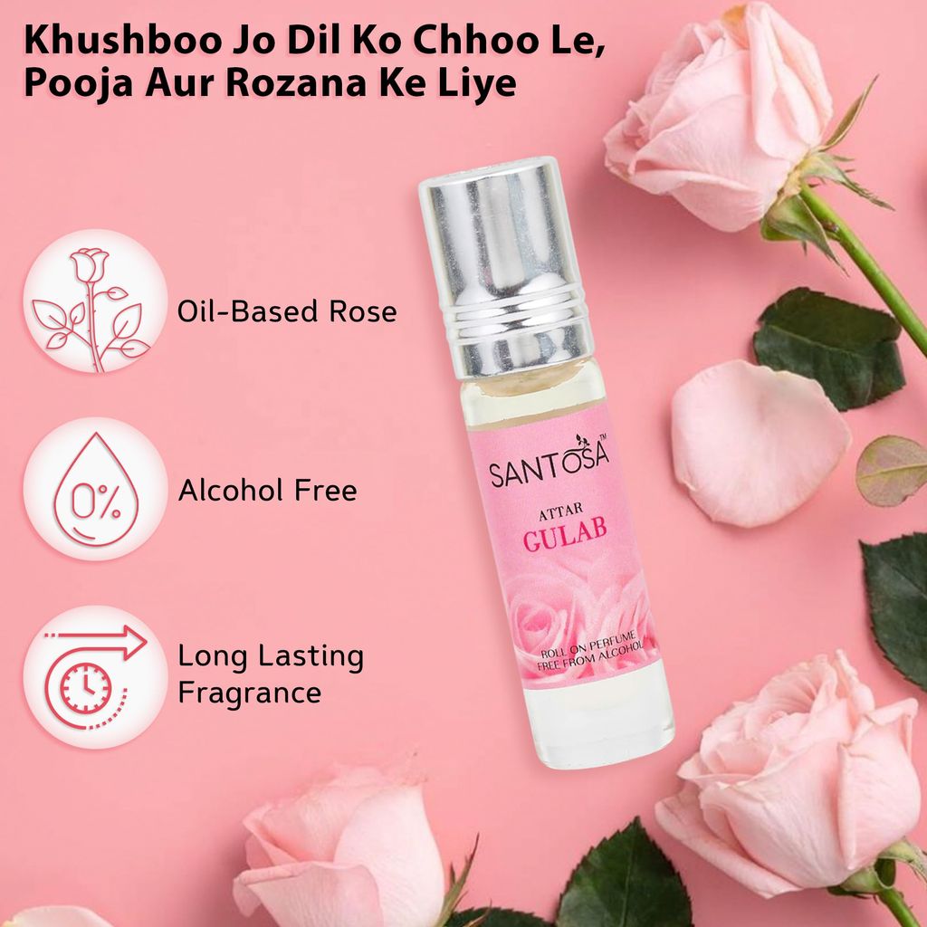 Santosa Gulab (Rose) & Chandan (Sandalwood) Attar Roll-Ons, 6ml Each | Alcohol-Free Itra/Ittar/Attar with Long-Lasting Floral & Woody Scents for Men & Women, Ideal for Pooja, Puja, & Everyday Use view 2