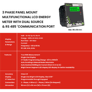 3 PHASE PANEL MOUNT - MULTIFUNCTIONAL LCD ENERGY METER WITH DUAL SOURCE RS 485 COMMUNICATION PORT view 2