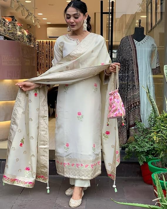 Womens Silk Embroidered Kurta Set with Dupatta and Pants view 2