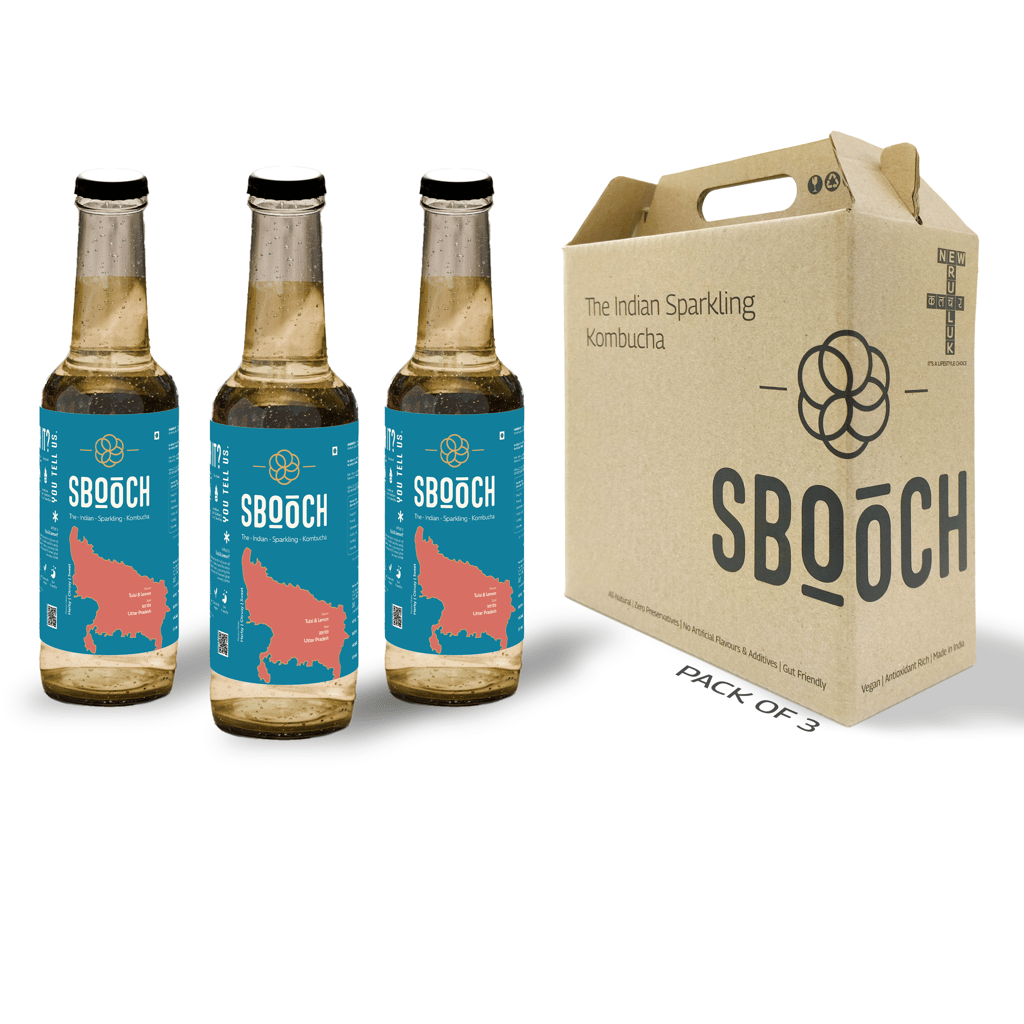 SBOOCH - Indian Sparkling Kombucha Tea | Tulsi & Lemon Flavor, All Natural | Gut Friendly | Antioxidant | Zero Preservatives | NO Artificial Flavors or Additives | Fermented Beverage Tea | 275ml (Pack of 3)