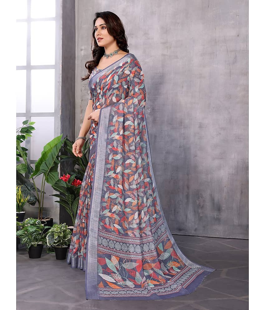 NightBlue Linen Printed Saree With Unstitched Blouse Piece ( Blue ) view 2