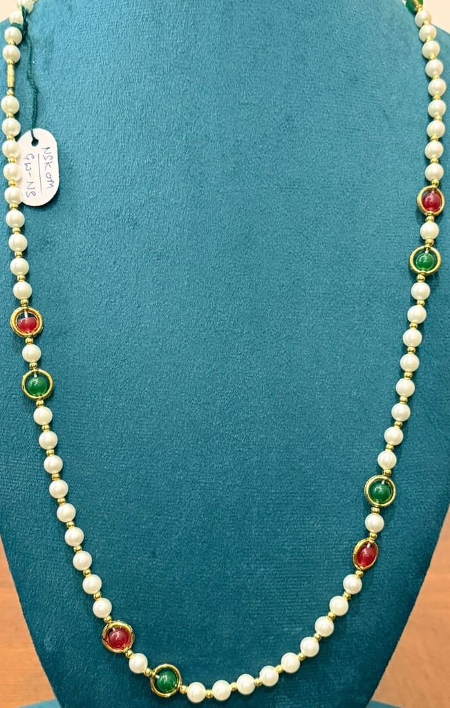 red and green gemstone sherwani jewelry with white pearls in single strand view 2