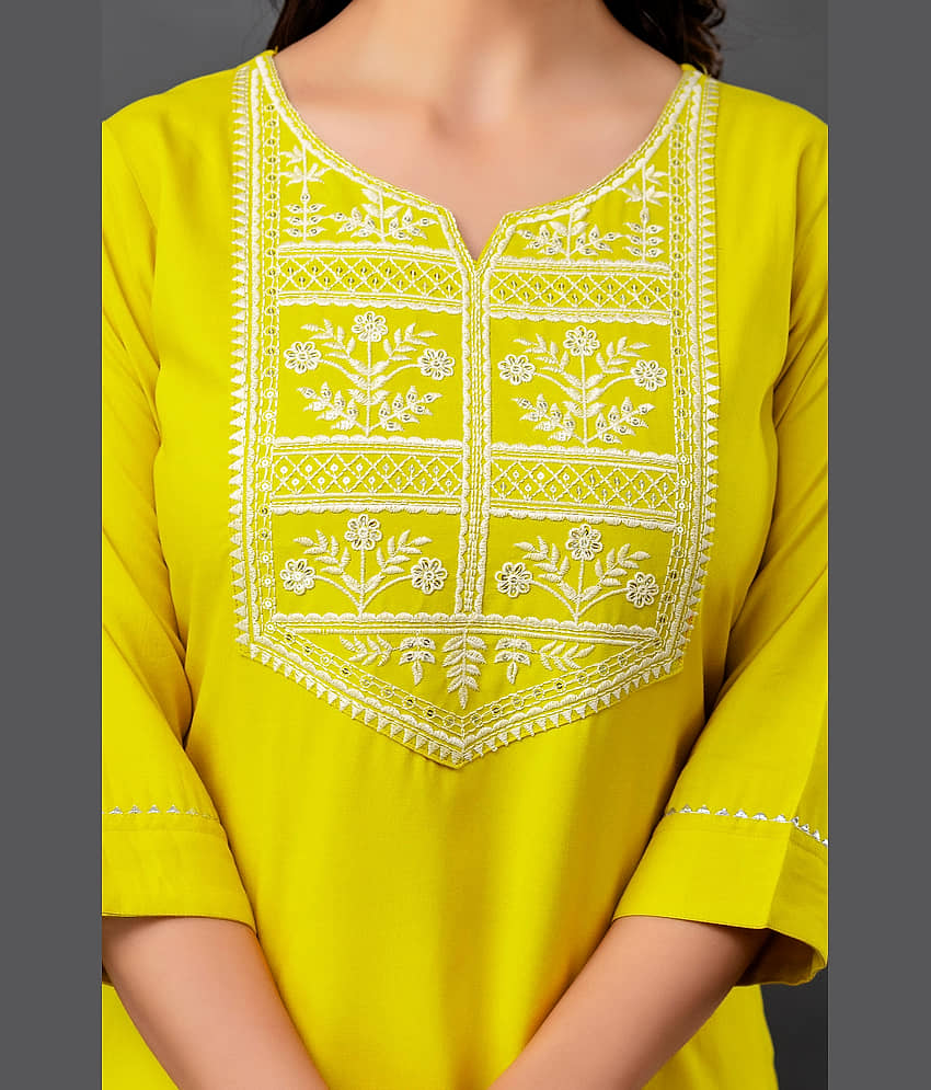 Kapadia Pack of 1 Rayon Embroidered Straight Women's Kurti - ( Yellow ) view 2