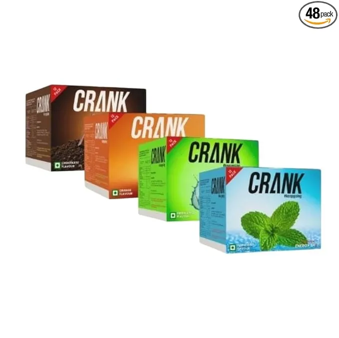 Crank Energy Shot 48-Pack (12 x 60ml in 4 Flavors: Green Apple, Orange, Peppermint & Chocolate) 130mg Caffeine + Taurine + B-Vitamins + Phenylalanine | Real Cane Sugar for Optimal Energy | Instant & Sustained Energy for Workouts, Work, Travel, Sports | Pocket Sized | 60ml Each