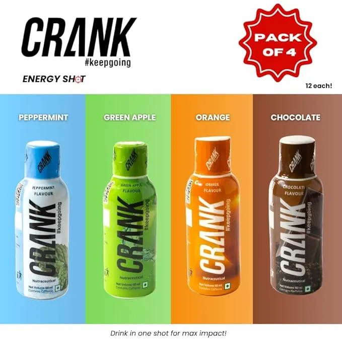 Crank Energy Shot 48-Pack (12 x 60ml in 4 Flavors: Green Apple, Orange, Peppermint & Chocolate) 130mg Caffeine + Taurine + B-Vitamins + Phenylalanine | Real Cane Sugar for Optimal Energy | Instant & Sustained Energy for Workouts, Work, Travel, Sports | Pocket Sized | 60ml Each view 2