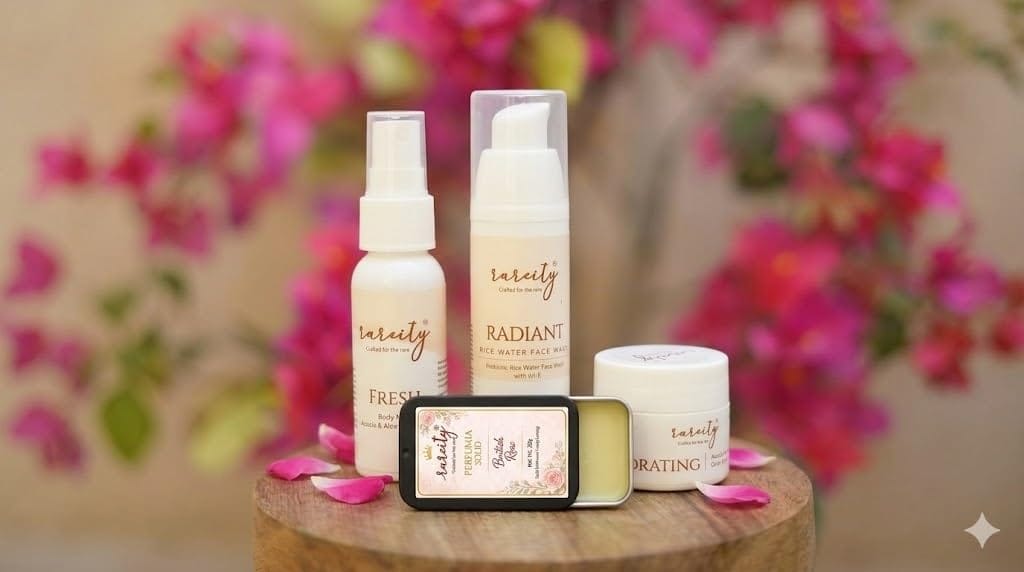 Rareity Skin Care & Rose Solid Perfume Combo | Body Mist, Rice Water Face Wash, Hydrating Face Cream with British Rose Solid Perfume | Travel Friendly Self Care & Fragrance Kit | pack of 4