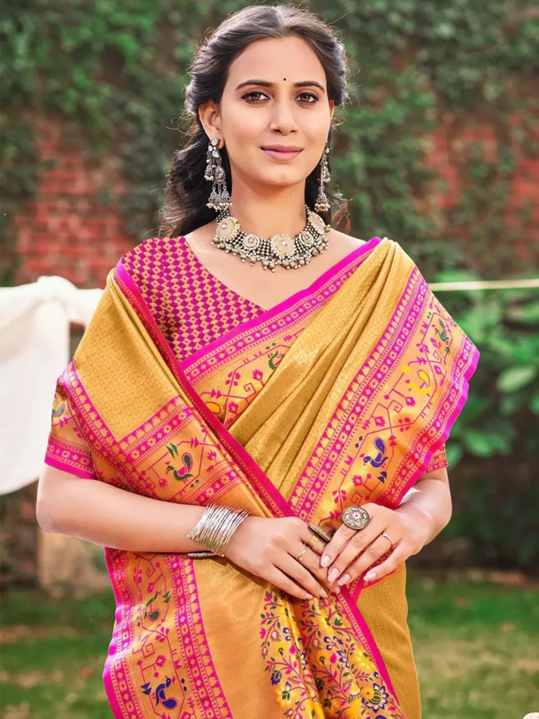 Mustard Yellow Paithani Silk Saree view 2