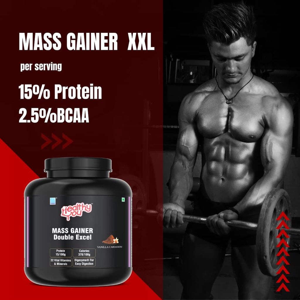 Healthy You Mass Gainer Double Excel | 13.5g Protein, 2.1g BCAA per 90g scoop| Improved Endurance and Muscle Recovery| Supports Weight Gain| Easy to Digest view 2