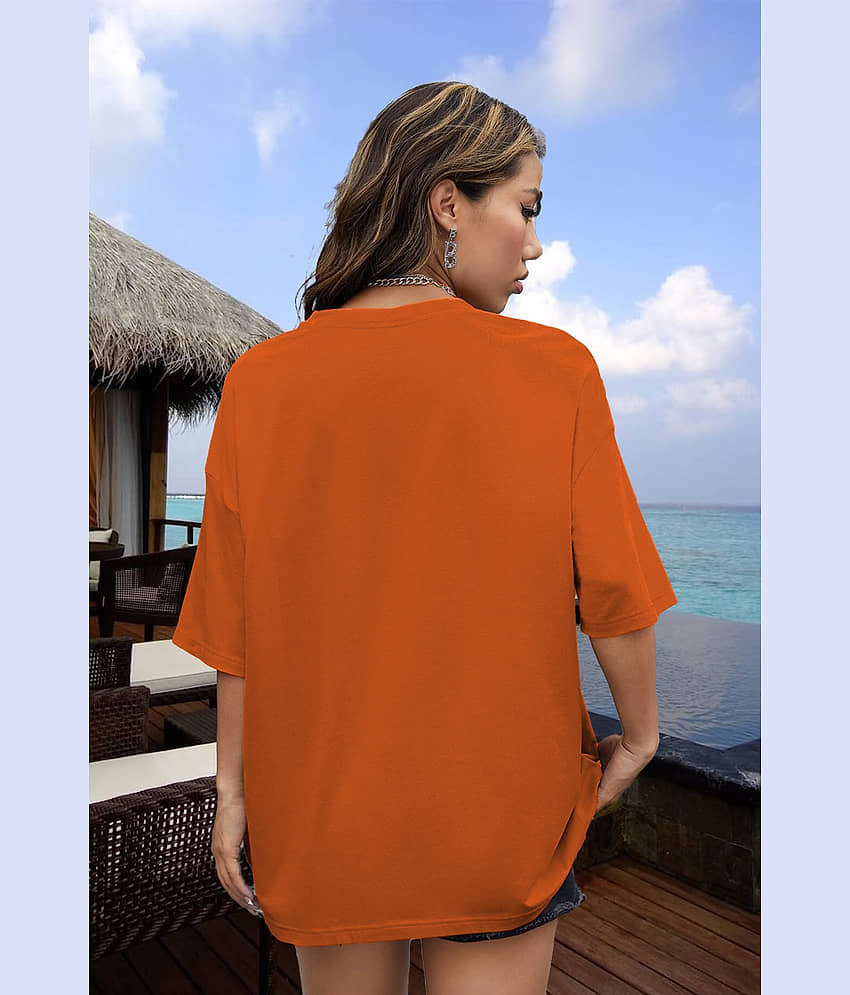 Leotude Women Cotton Blend Printed Oversized Fit Round Neck T-Shirt ( Orange ) view 2