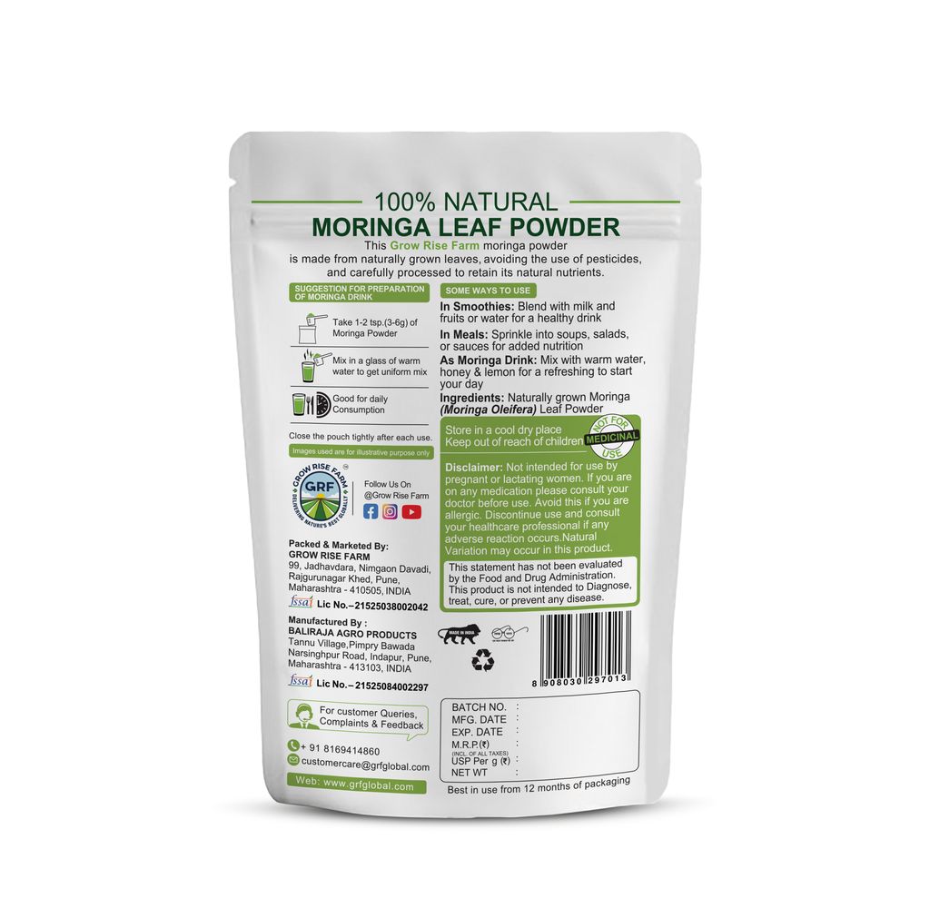 GRF Moringa Leaf Powder 100g | 100% Natural Moringa Powder | Plant Based Superfood | Rich in Naturally Occurring Nutrients | No Added Preservatives | Suitable for Daily Use view 2