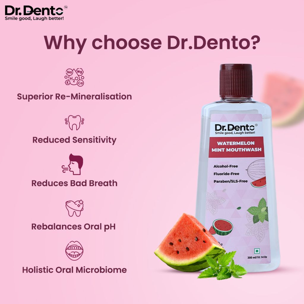 Dr.Dento Mouthwash | Fresh Breath | No Artificial Flavors & Colors | Alcohol-Free Mouthwash for Men, Women & Kids | Fights Germs, Watermelon Mint - 300 ml view 2