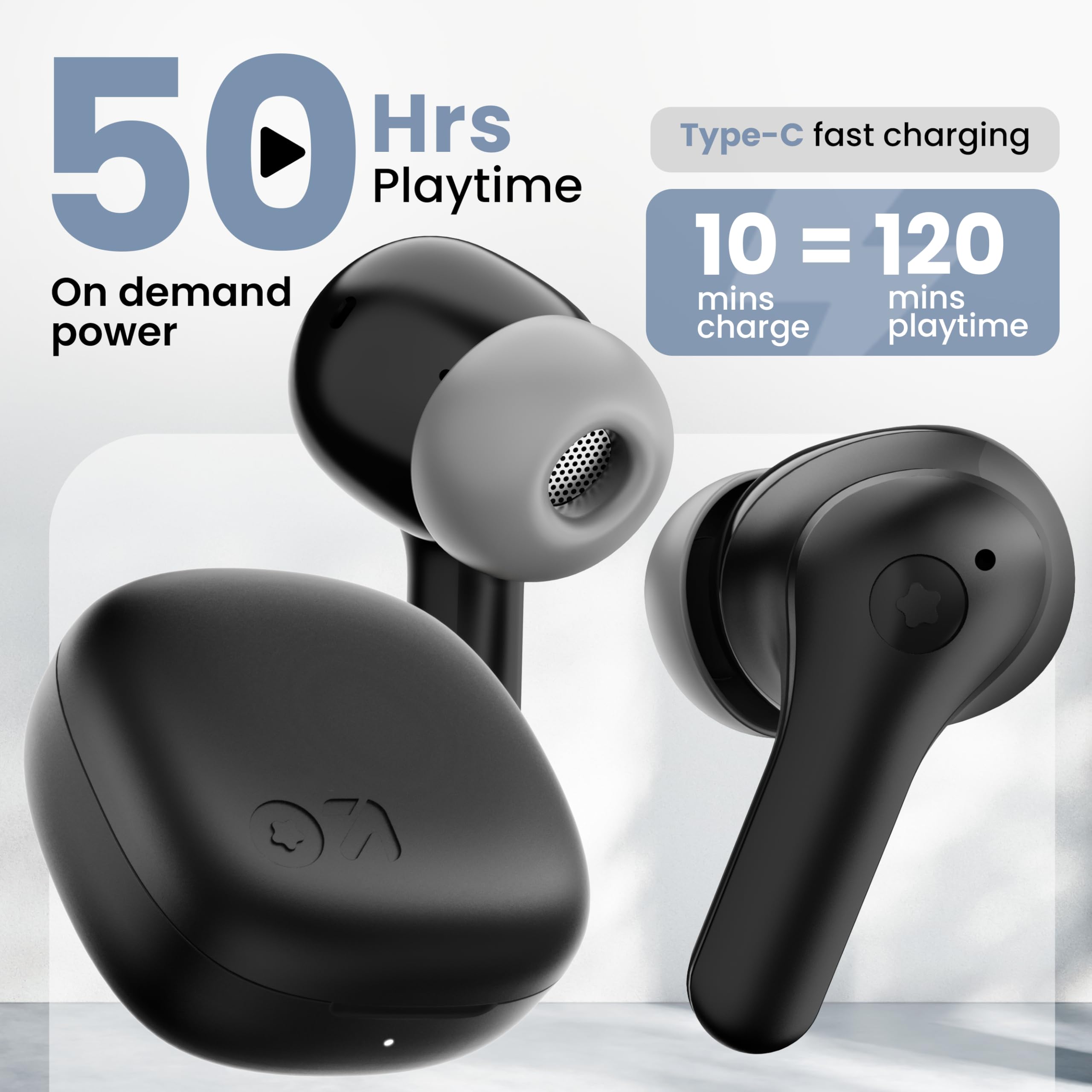 GOBOULT Made in India K10 Ear Buds Wireless with 50H Playtime, 4 Mics Clear Calling, 45ms Low Latency Gaming, IPX5, 10mm Bass Drivers Earbuds Bluetooth Wireless Earphones(Pure Black) view 2