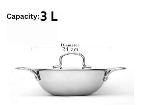 WEKTU Triply Stainless Steel Kadhai with Lid – 24 cm Diameter, 3 L Capacity, Induction Bottom view 2