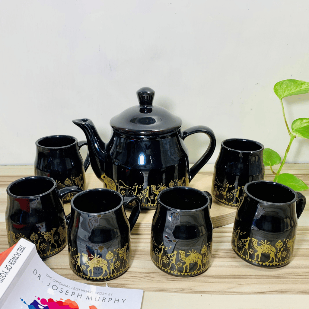 Homefrills Hand Painted Ceramic Tea Kettle Set with 6 Cups(150ml), 1 Kettle(400ml) Ceramic Good Morning Set- Set of 7 Colour-Black,Microwave Safe view 2