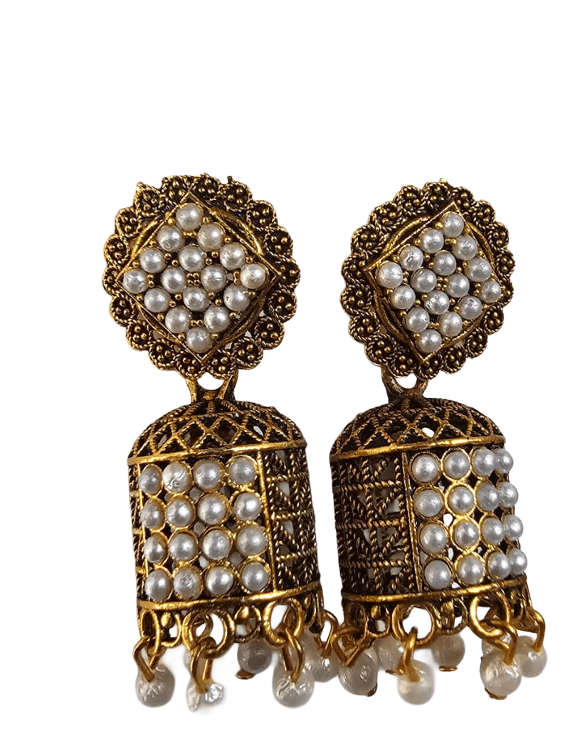 Regal Jhumkas with Emerald Green Stones and Pearl Gold-Plated Jhumka Earrings combo view 2
