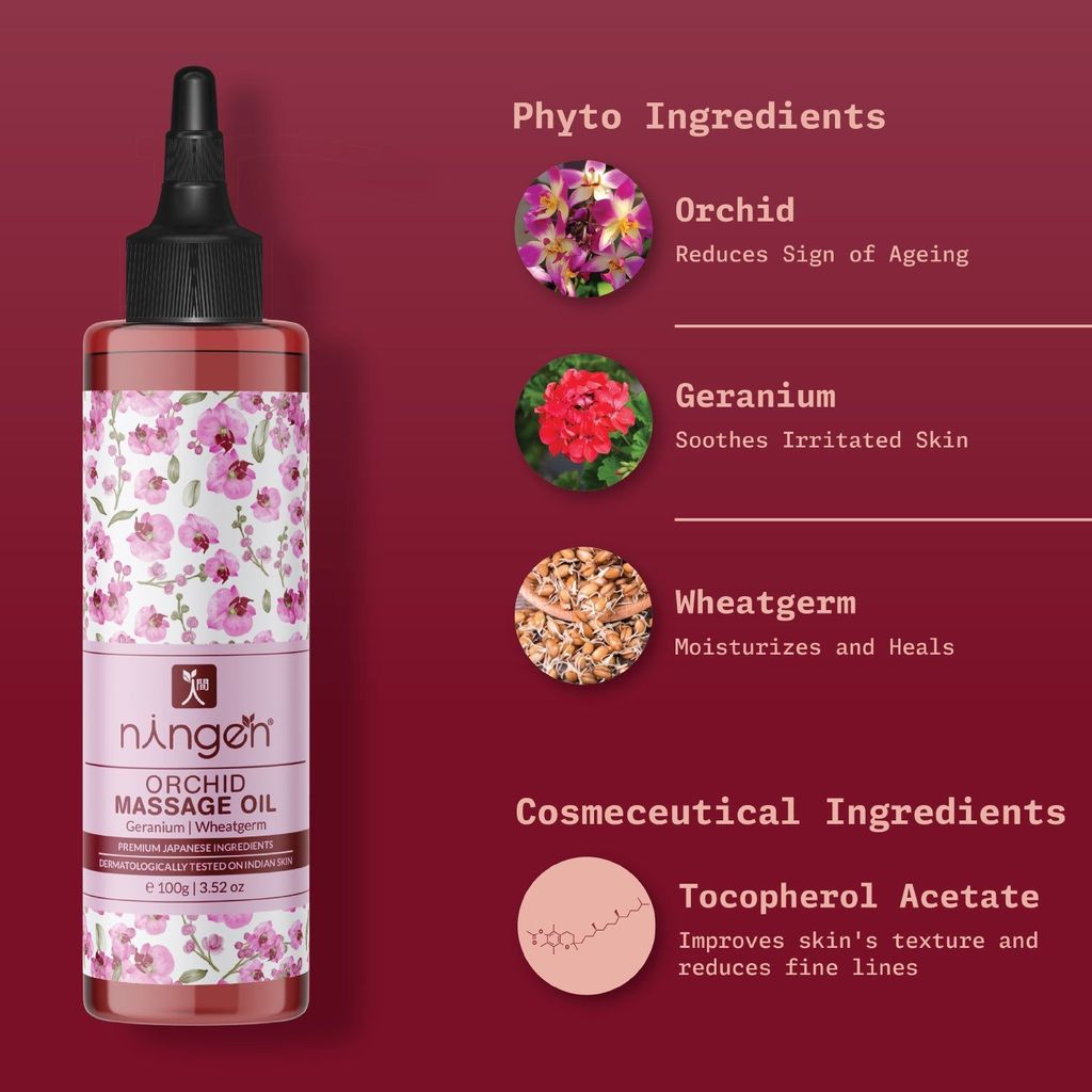 Ningen Orchid Massage Oil I Enriched with Geranium, Wheatgerm I Dermatologically Tested, Paraben Free I Relieve Stress and Restore Youth I 100g view 2