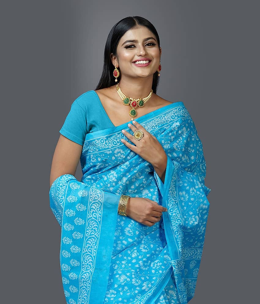 SHANVIKA Cotton Printed Saree Without Blouse Piece ( Blue ) view 2